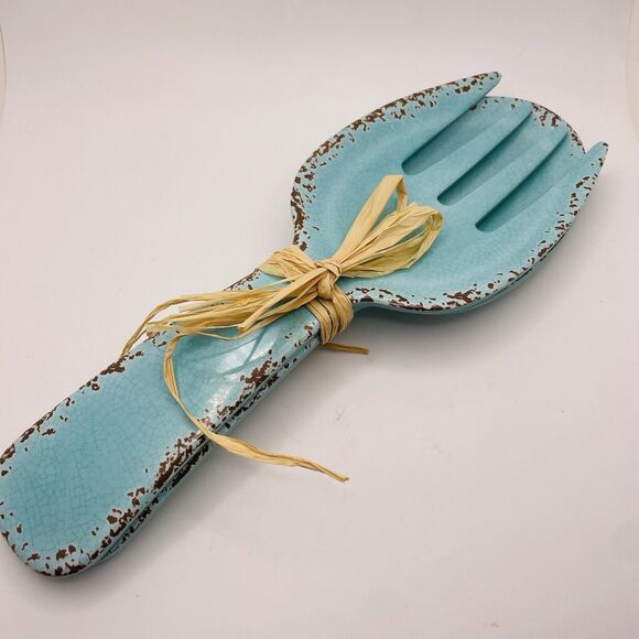 Tommy Bahama Salad Server Melamine Spoon Fork Set Turquoise Crackle Style NEW - Picture 1 of 4